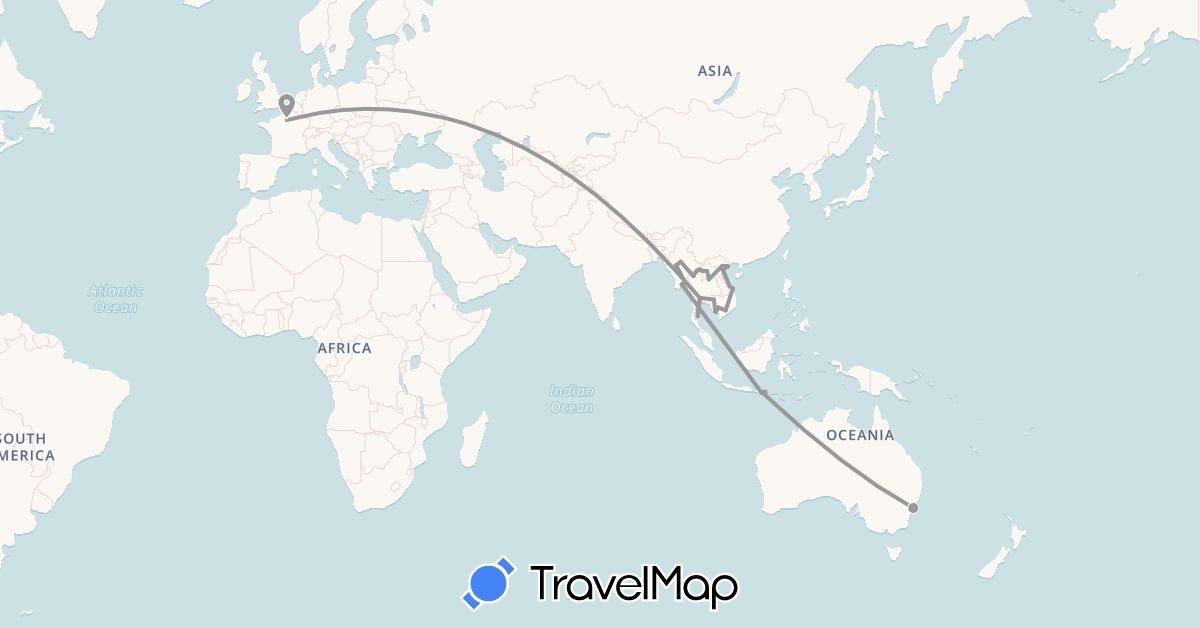 TravelMap itinerary: driving, bus, plane, boat in Australia, France, Indonesia, Cambodia, Laos, Myanmar (Burma), Thailand, Vietnam (Asia, Europe, Oceania)